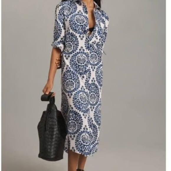 NWT Anthropologie Maeve The Soren in Navy White Medallion Print Shirt Dress 1X - Picture 1 of 10